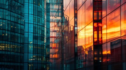 Glass skyscrapers reflecting vibrant sunset hues, perfect for architectural design, corporate branding, and urban real estate marketing.
