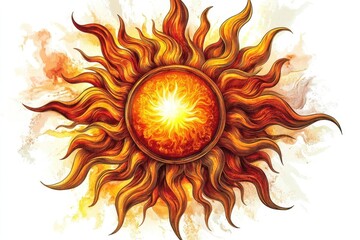dramatic illustration of a radiant sun with intricate ray patterns isolated against a stark white background bold graphic style emphasizing the suns power and symbolism