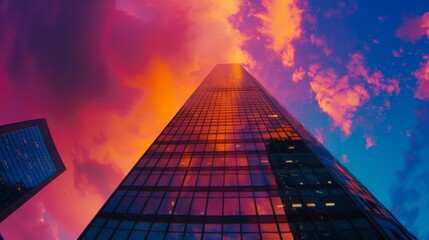 Skyscraper at sunset with a vibrant sky, perfect for architectural design portfolios, corporate branding, and urban real estate marketing.
