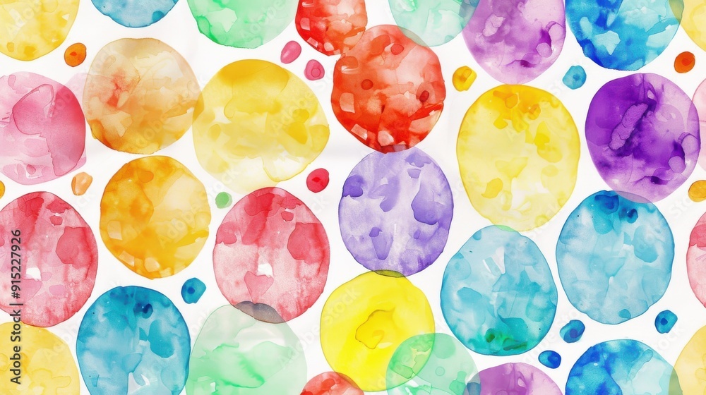 Poster a seamless pattern of colorful, watercolor circles on a white background. the circles are painted in