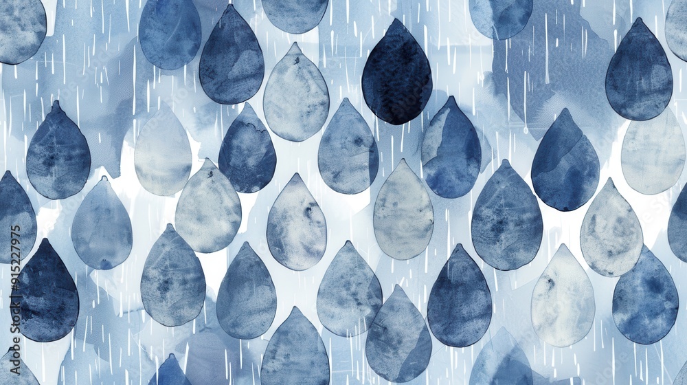 Poster a seamless watercolor pattern of blue raindrops falling on a white background. the raindrops are dep