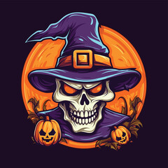 Illustrations of scary halloween pumpkin in witch hats. Design element for poster,card, banner, sign, emblem. Vector illustration