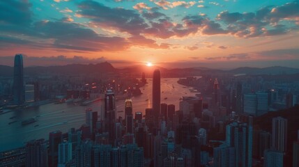 Obraz premium Vibrant sunset over coastal cityscape with skyline for tourism and real estate promotions 