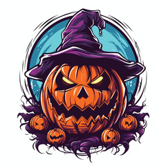 Illustrations of scary halloween pumpkin in witch hats. Design element for poster,card, banner, sign, emblem. Vector illustration