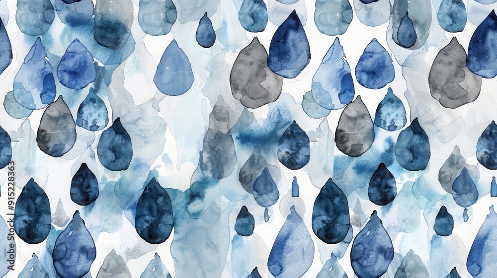 Poster a seamless pattern of abstract watercolor raindrops in shades of blue and grey on a white background