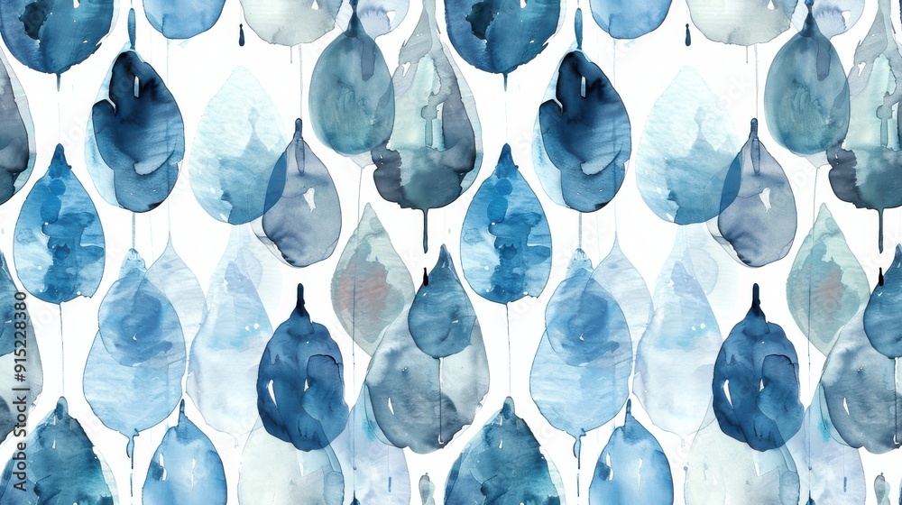Poster a repeating pattern of abstract blue watercolor leaves on a white background. the leaves are rendere