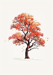 A japanese autumn tree color illustrated painting drawing.