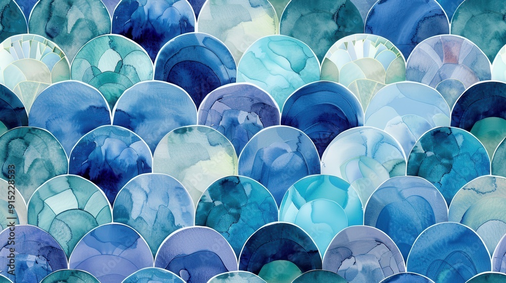 Poster A watercolor painting depicting a pattern of overlapping scales in shades of blue and green, creating a repeating pattern. The textured paint creates a sense of depth and dimension.