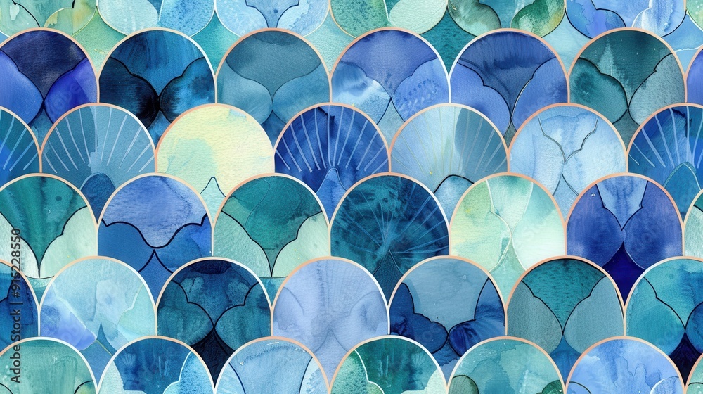 Poster A close-up, abstract watercolor pattern of blue and green scales with a gold outline. The image features a repeating pattern of overlapping semi-circles, creating a sense of depth and texture.