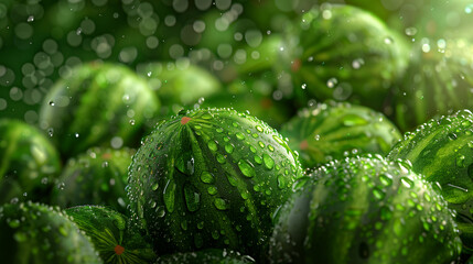 Obraz premium A dynamic and vibrant image showing a multitude of watermelons, all covered with tiny water droplets, that are fresh and healthy