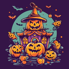 Illustrations of scary halloween pumpkin in witch hats. Design element for poster,card, banner, sign, emblem. Vector illustration