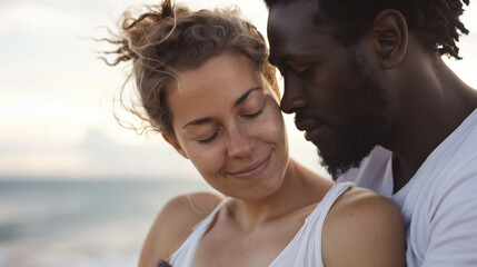 Romantic diverse couple embracing on a beach during sunset, smiling softly with eyes closed.