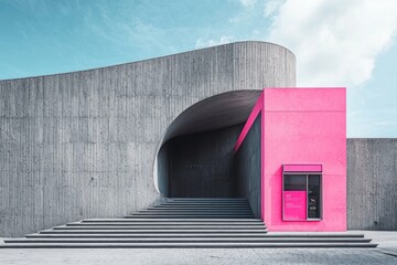 An ultramodern grey concert hall with a smooth, curving facade and grey steps leading up to the entrance is contrasted by a single, brightly colored pink ticket booth, serving as a focal point.