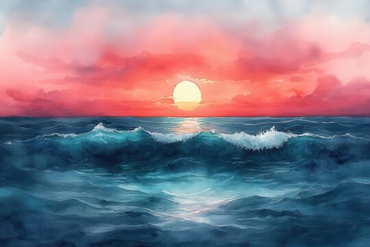 dreamlike watercolor seascape ethereal blend of turquoise and coral hues suggesting tranquil shores and gentle waves evoking summer serenity