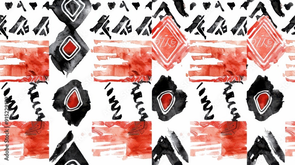 Poster an abstract pattern featuring bold red and black geometric shapes against a white background. the sh