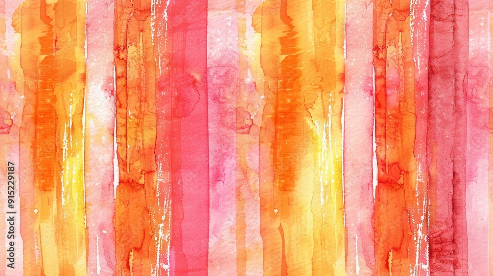 Poster an abstract watercolor painting featuring a seamless pattern of vertical stripes in vibrant orange, 