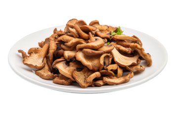 Heaping Plate of Freshly Sliced Wild Mushrooms Garnished With Herbs in a Rustic Kitchen Setting on Transparent PNG Background.