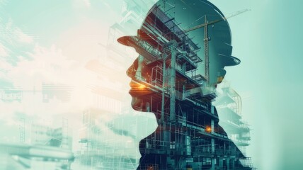 future building construction engineering project concept with double exposure graphic design Building engineer, architect people or construction worker working with modern civil equipment technology