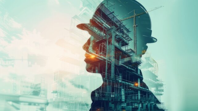future building construction engineering project concept with double exposure graphic design Building engineer, architect people or construction worker working with modern civil equipment technology