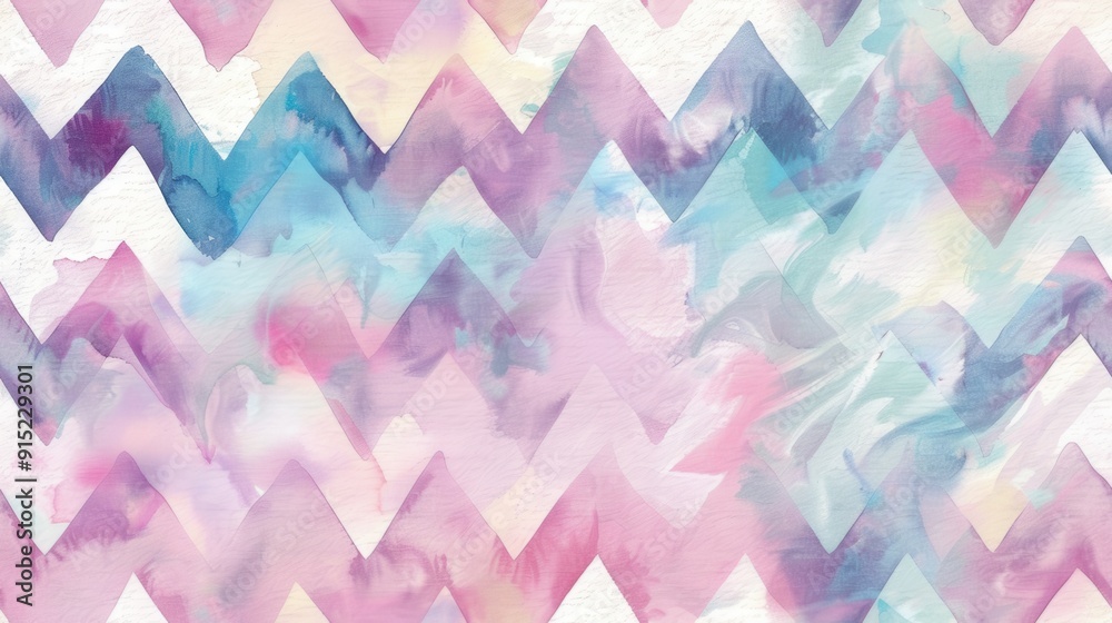 Poster The image features a repeating chevron pattern created with abstract watercolor washes in shades of pink, blue, and purple. The colors are soft and blended, creating a dreamy and ethereal effect. The 