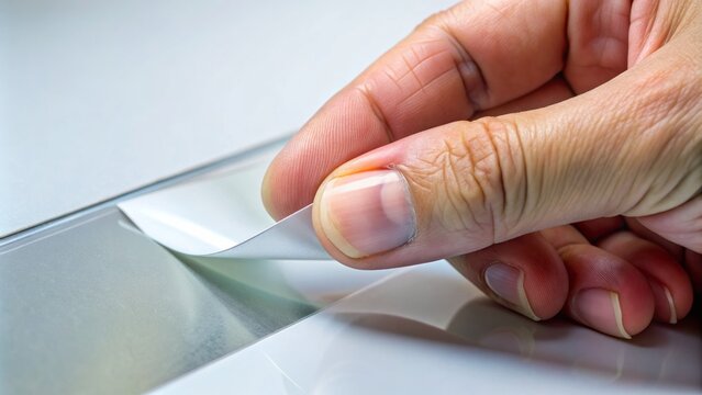 A person's fingers gently peel off a sticker from a surface, revealing a clean area underneath, with the sticker's edge curling back in a smooth motion.