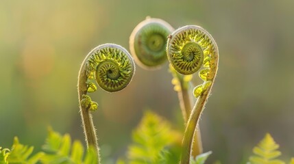 Two young fern fronds unfurl in the sunlight, their delicate green spirals reaching towards the sky. A blurred green background surrounds the fronds, creating a sense of peace and tranquility.