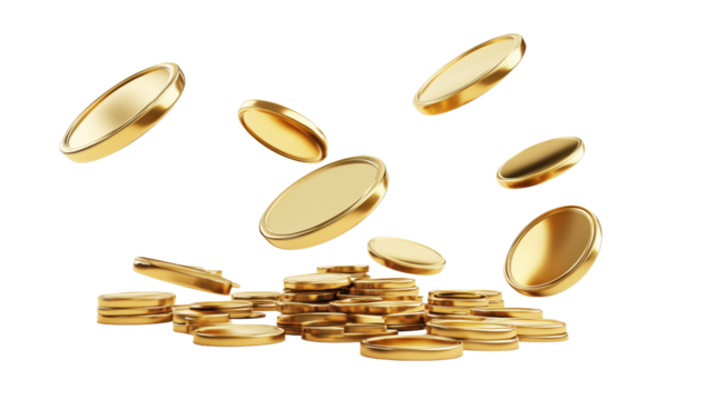Golden coins falling and stacking, wealth and success concept isolated on transparent background