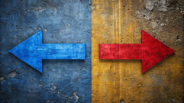 Arrows pointing in opposite directions symbolize conflict or contrasting views, while also representing a balanced exchange of ideas or a two-way communication concept.