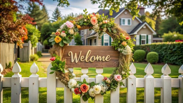 A rustic wooden welcome sign with a floral wreath hangs from a white picket fence in a beautifully landscaped suburban front yard.