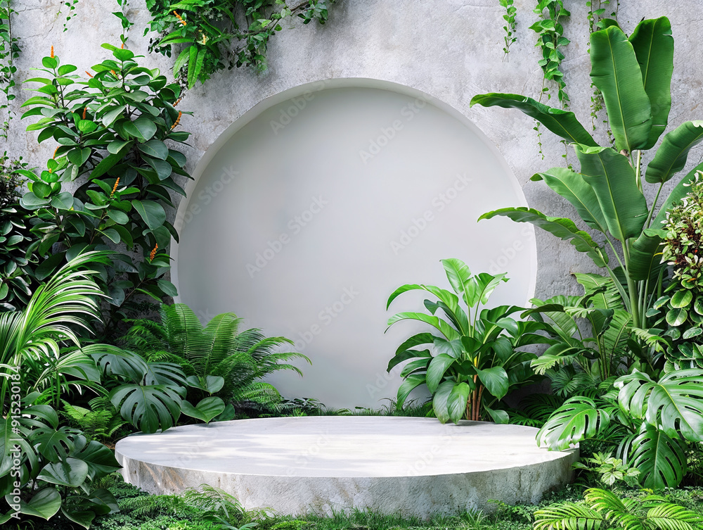 Poster empty round podium surrounded by lush tropical plants displaying copy space