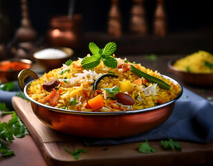 Veg biryani or veg pulav served in a bowl on background