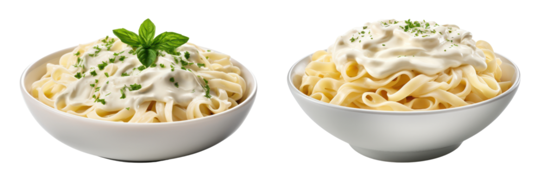 bowl of fettucini alfredo with garnish isolated on transparent background