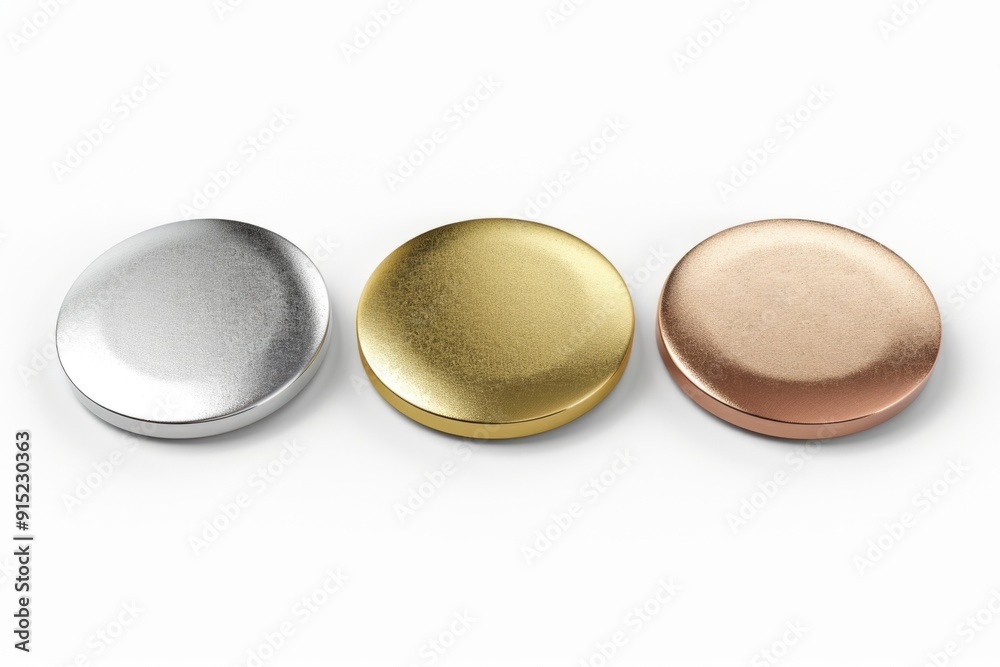 Poster A collection of three colorful buttons placed on a clean white surface, ready for use or display