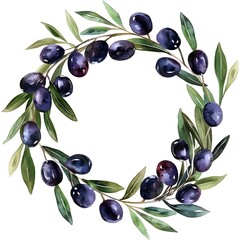 A round frame featuring black olives, illustrated in watercolor technique. The design showcases rich, dark olives and vibrant green leaves arranged in a circular pattern