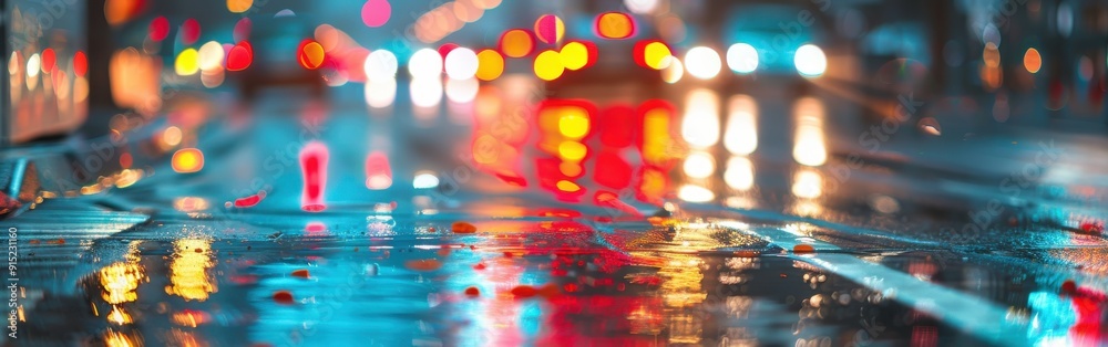 Poster a close-up view of a city street, showing the reflection of colorful streetlights in a puddle of wat