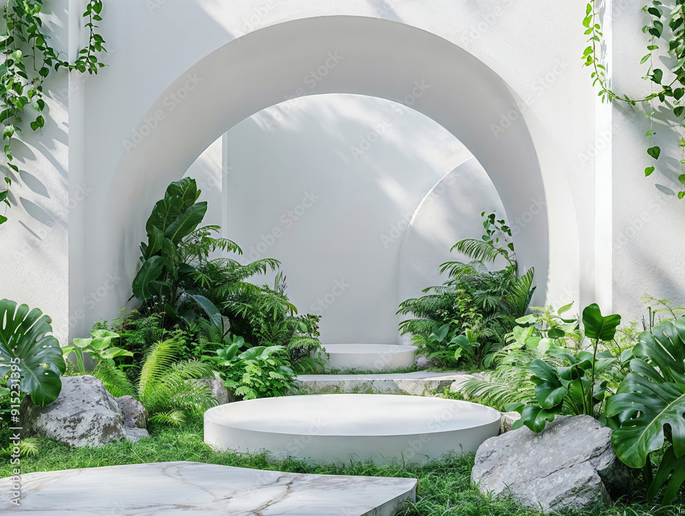 Poster minimal white podium displaying cosmetics surrounded by lush greenery