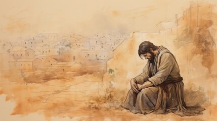 Illustration of Prayer of St. Drogo in 12th-Century French Village, Biblical Illustration, Beige Background, Copyspace,Christian banner