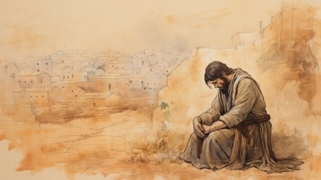 Illustration of Prayer of St. Drogo in 12th-Century French Village, Biblical Illustration, Beige Background, Copyspace,Christian banner