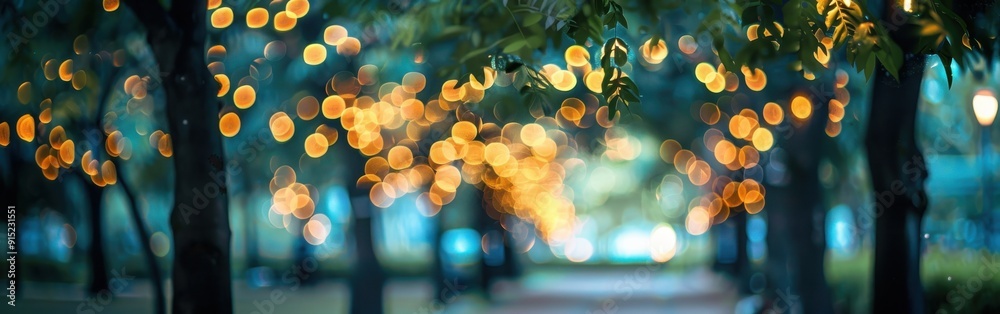 Poster A close-up shot of a tree branch, with a blurred background of lights and trees. The focus is on the out-of-focus lights, which create a warm, inviting atmosphere. The leaves of the tree are dark gree