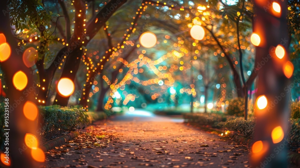 Poster A path lined with trees is illuminated by festive string lights as dusk settles over a park. The warm glow of the lights creates a magical atmosphere, casting a soft light on the pathway and the surro