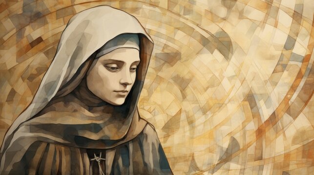 Illustration of Vision of St. Bernadette Soubirous at Lourdes, Biblical Illustration, Beige Background, Copyspace,Christian banner