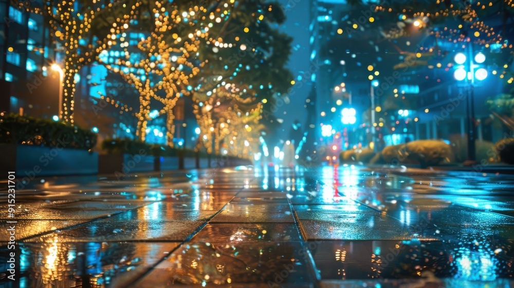 Aufkleber a wet city street is illuminated by the reflection of streetlights and glowing strings of lights on 