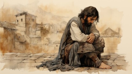 Illustration of Prayer of St. Drogo in 12th-Century French Village, Biblical Illustration, Beige Background, Copyspace,Christian banner