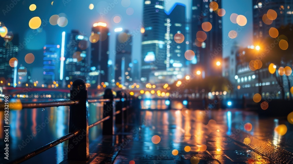 Poster a wet cityscape is illuminated by city lights and reflections, creating a beautiful bokeh effect. th
