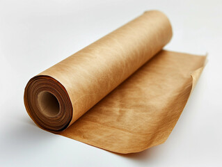 Roll of brown kraft paper on a white background capturing its texture and color