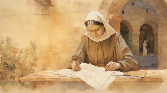 Illustration of Writing of St. Bridget of Sweden in 14th-Century Village, Biblical Illustration, Beige Background, Copyspace,Christian banner