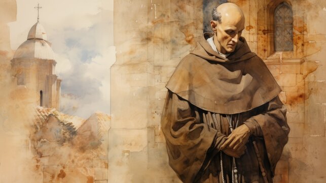 Illustration of Reflection of St. Bruno of Cologne in 11th-Century French Monastery, Biblical Illustration, Beige Background, Copyspace,Christian banner