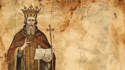 Illustration of Royal Robes of St. Edward the Confessor in 11th-Century England, Biblical Illustration, Beige Background, Copyspace,Christian banner