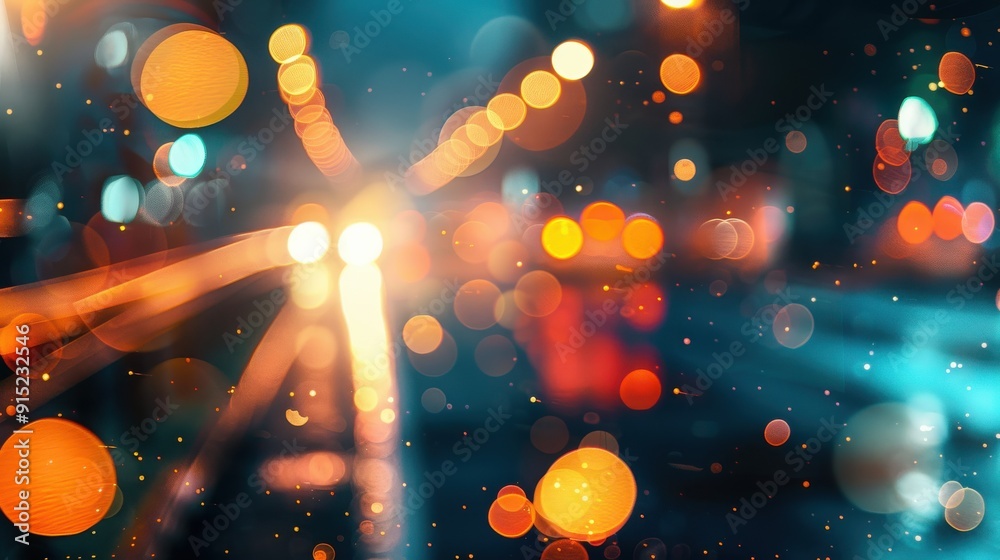 Poster an out-of-focus image of city lights at night. the bokeh effect creates a dreamy, abstract atmospher