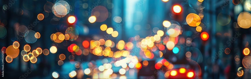 Poster a blurred image of city lights, captured at night, creates a bokeh effect with colorful circles of l